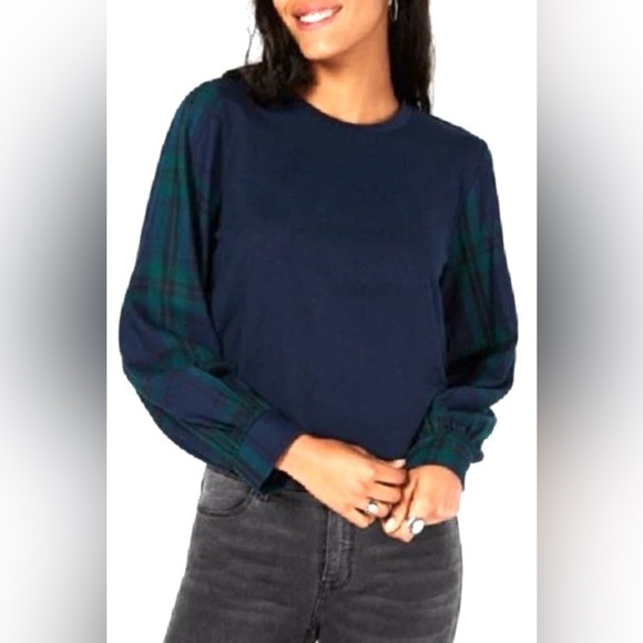 Seven Sisters NWT Sz M, Mixed Media Navy and Green Plaid Sleeve Top - Picture 1 of 8